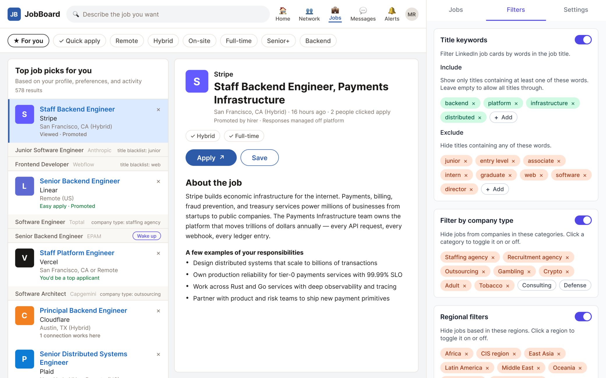 The extension scanning a job feed with fit verdict and AI Pick badges on every card.